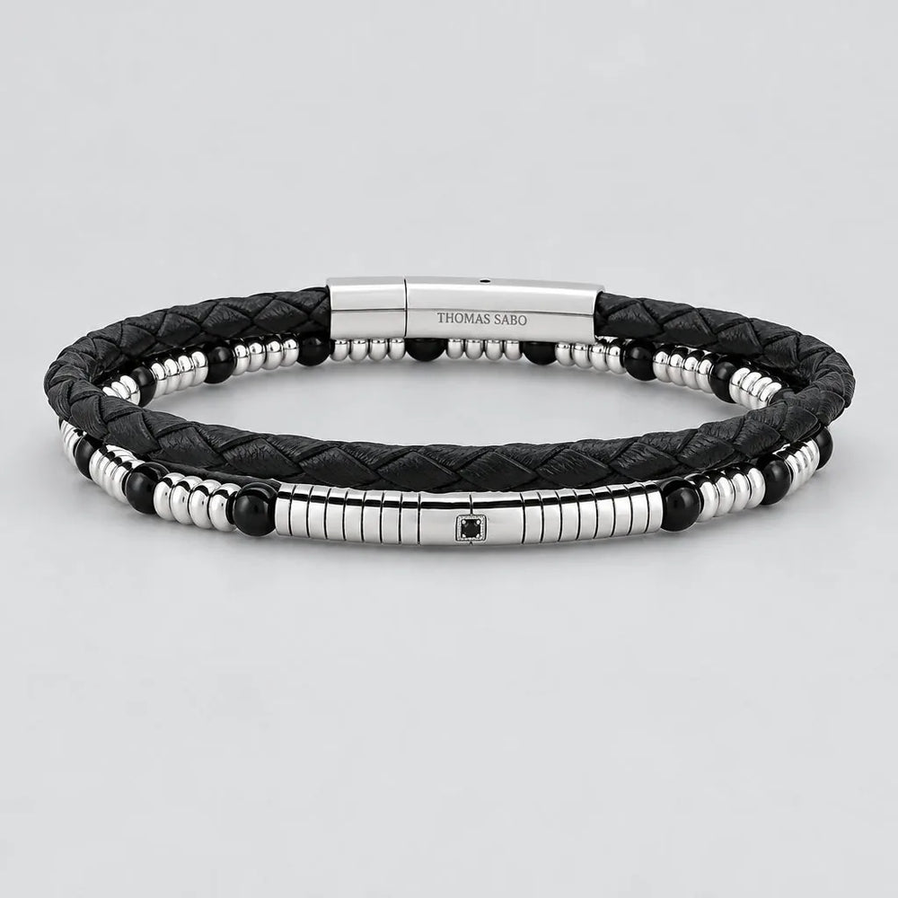 Men’s Dual-Strand Stainless Steel & Black Braided Leather Biker Bracelet