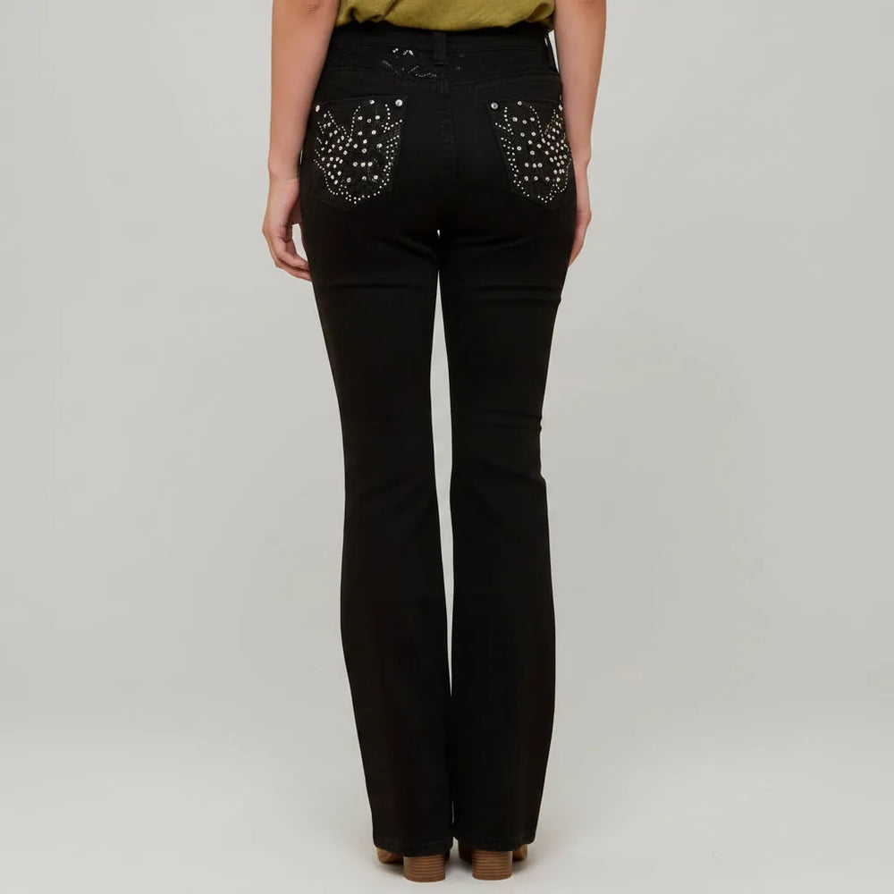 Westfield Eagle Women’s Black Bootcut Bling Jeans. High Waisted Embroidered Western Denim
