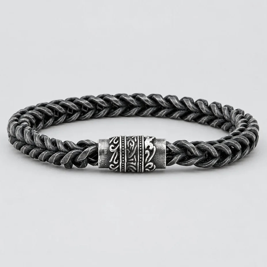 Bracelet en acier inoxydable pour hommes. Maillon épi gravé fermoir magnétique, bijou motard