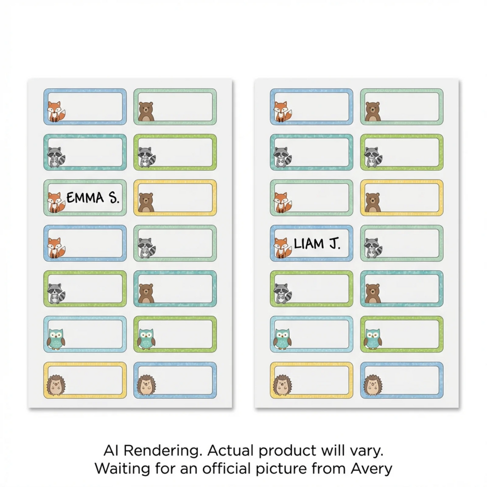 Avery No-Iron Fabric Labels, ¾" x 1¾", Cute animals, 24/pkg