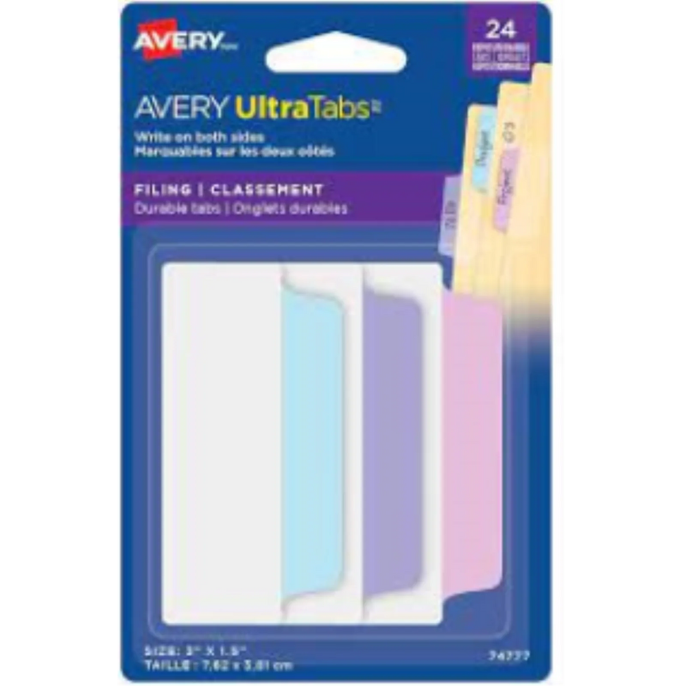 UltraTabs Filing Tabs, Pastel Colours, Lavender, Lt Blue, Pink, 24 pack