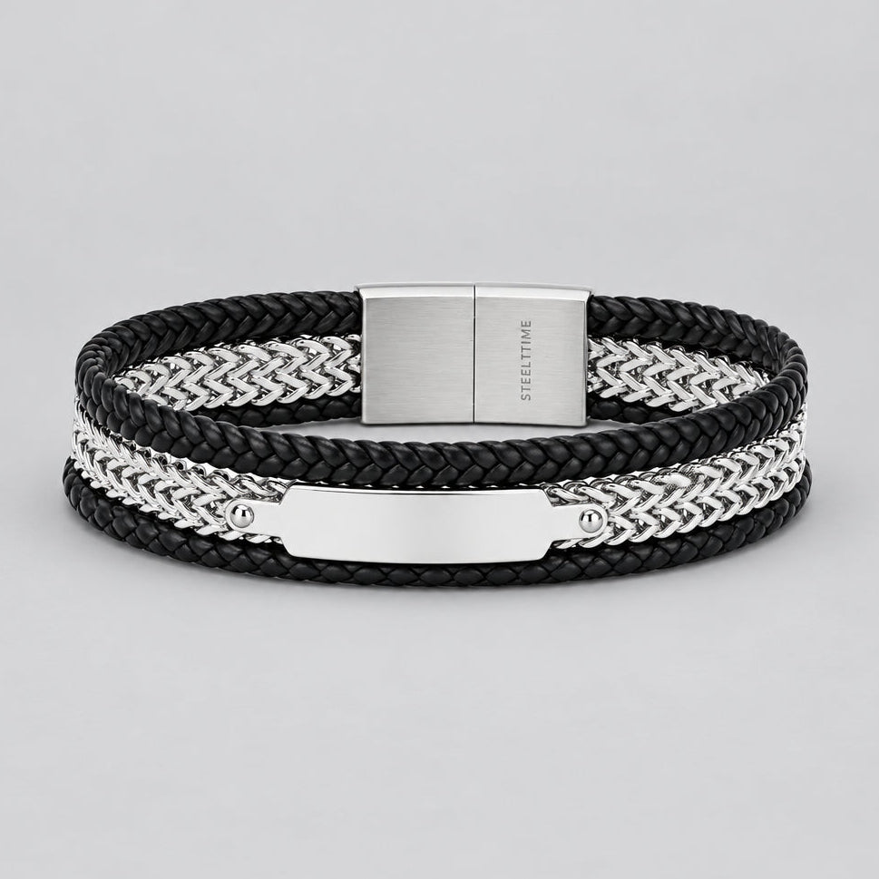 Men's Steel Biker Bracelet. Black Leather Braided Chain Multi-Layer Magnetic Clasp
