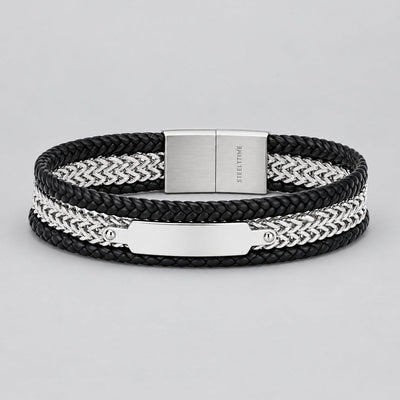 Bracelet d'acier pour hommes style motard. Cuir noir tressé, chaîne, fermoir magnétique multicouche