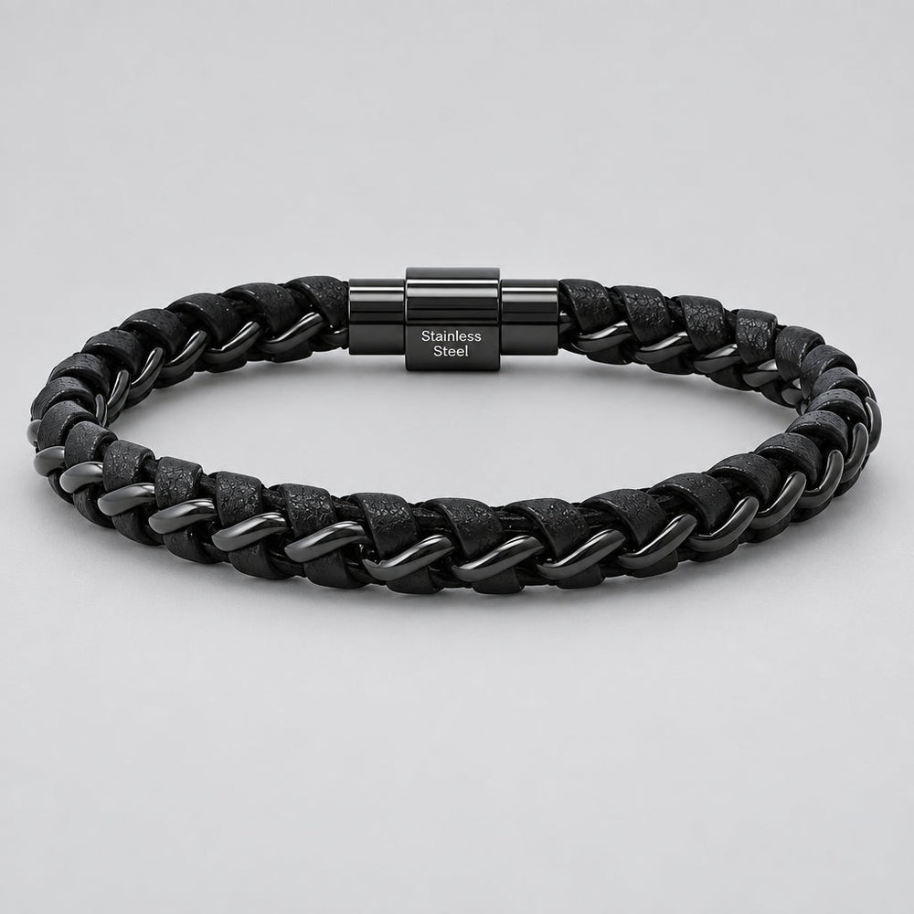 Men's Black Steel Magnetic Bracelet. Braided Leather Chain Link Biker Jewelry
