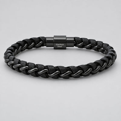 Men's Black Steel Magnetic Bracelet. Braided Leather Chain Link Biker Jewelry