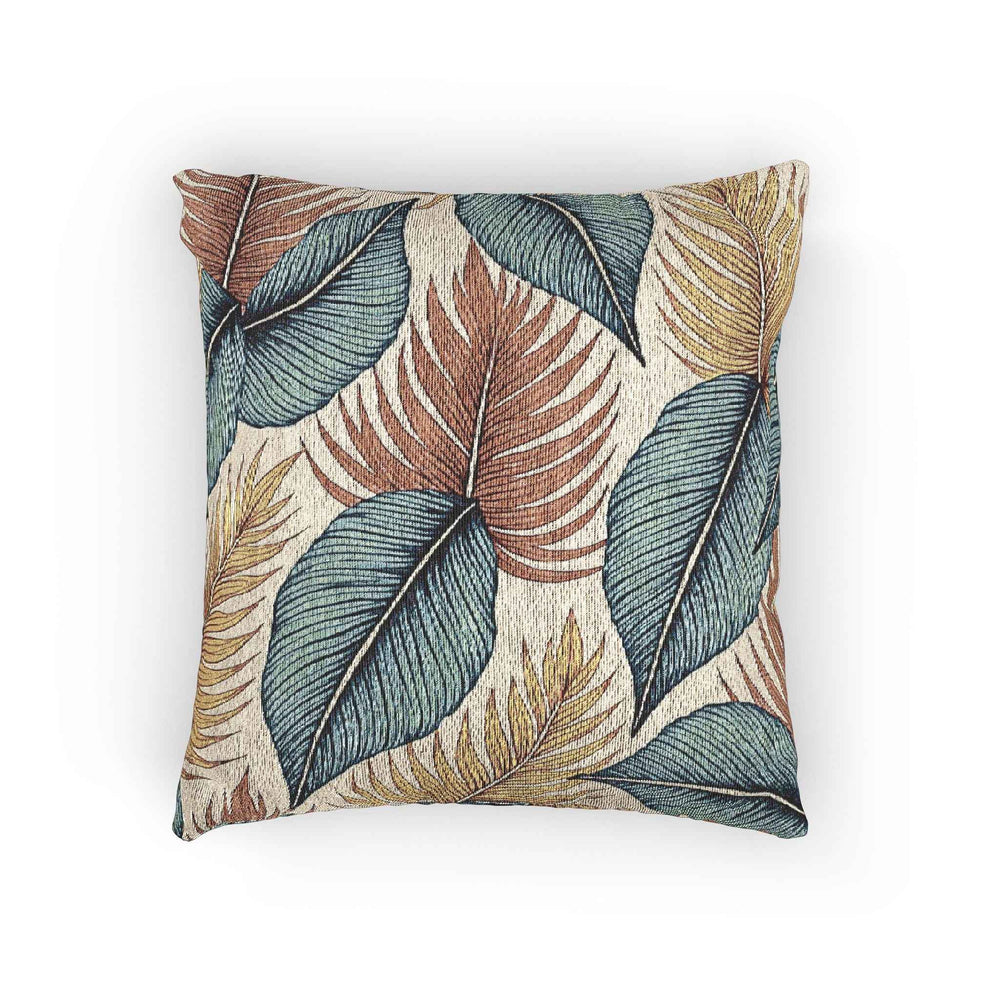 Coussin Tissé Feuillage Tropical | Décoratif Bleu Canard, Rouille et Doré
