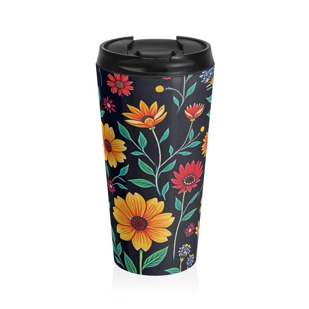 Colorful Floral Pattern Stainless Steel Travel Mug | Black Background