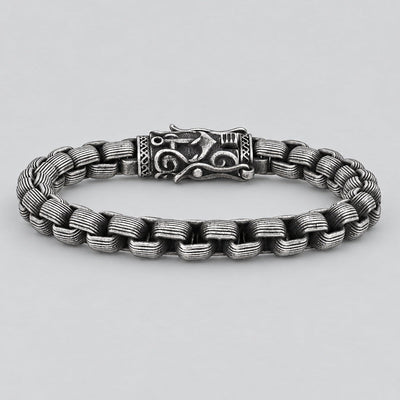 Men's Viking Steel Bracelet. Oxidized Silver Box Chain Norse Clasp Biker Jewelry