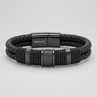 Men's Stealth Black Braided Leather & Stainless Steel Biker Bracelet