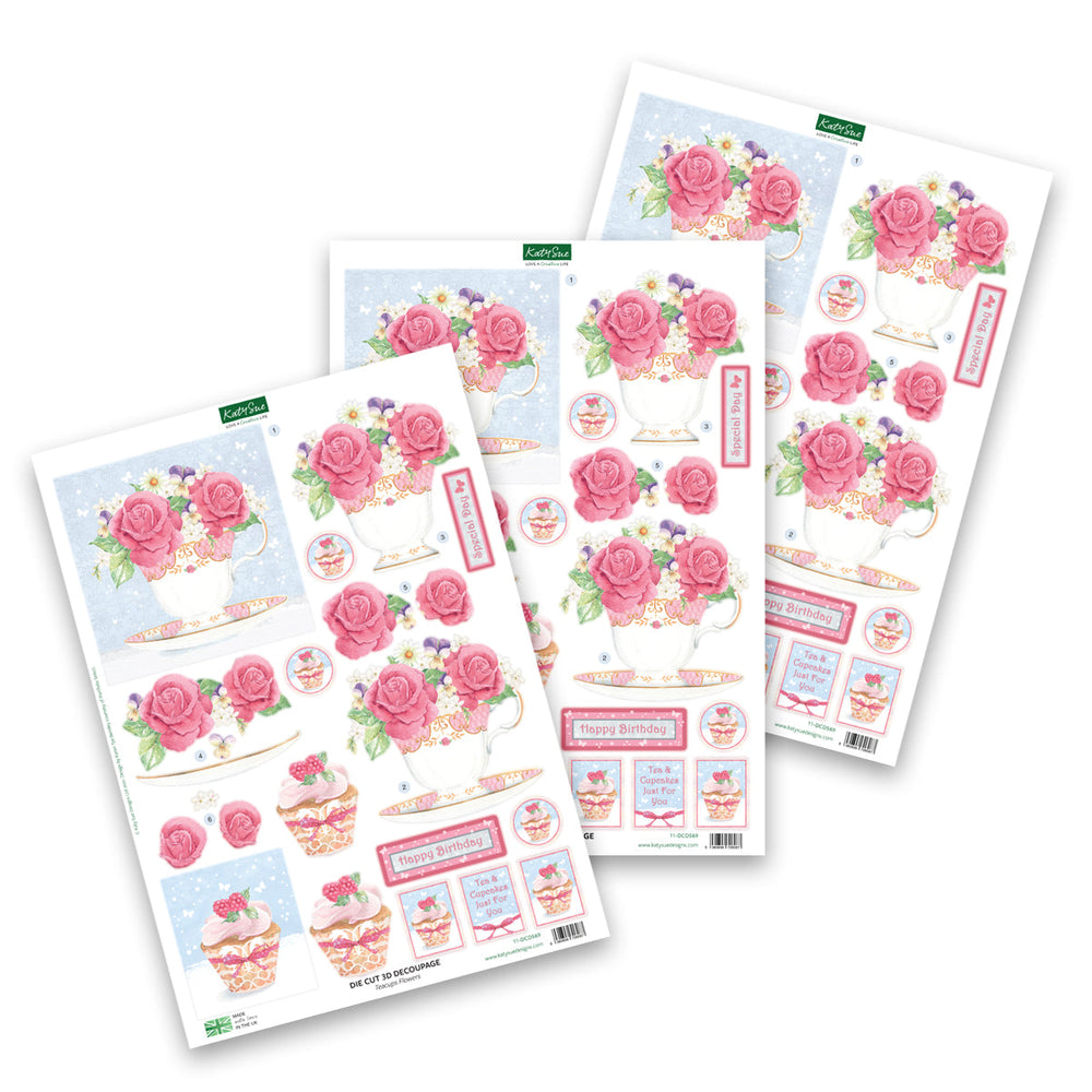 Découpages prédécoupés – Tasses à thé, fleurs et gâteau (lot de 3)