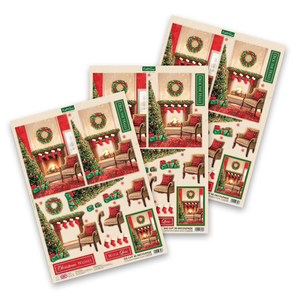 Katy Sue Designs Die Cut Decoupage – Scène de cheminée de Noël (paquet de 3)