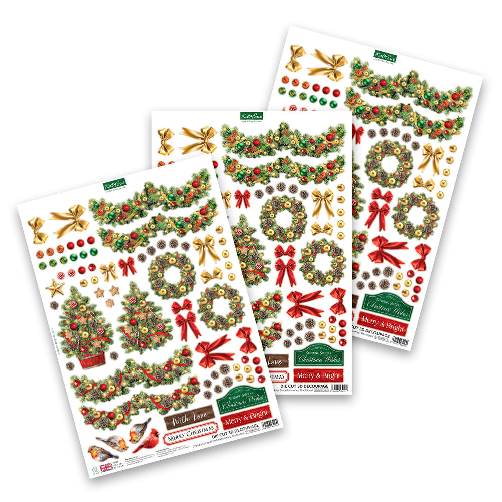 Découpages Die Cut Katy Sue – Embellissements floraux de Noël, Traditionnels (paquet de 3)