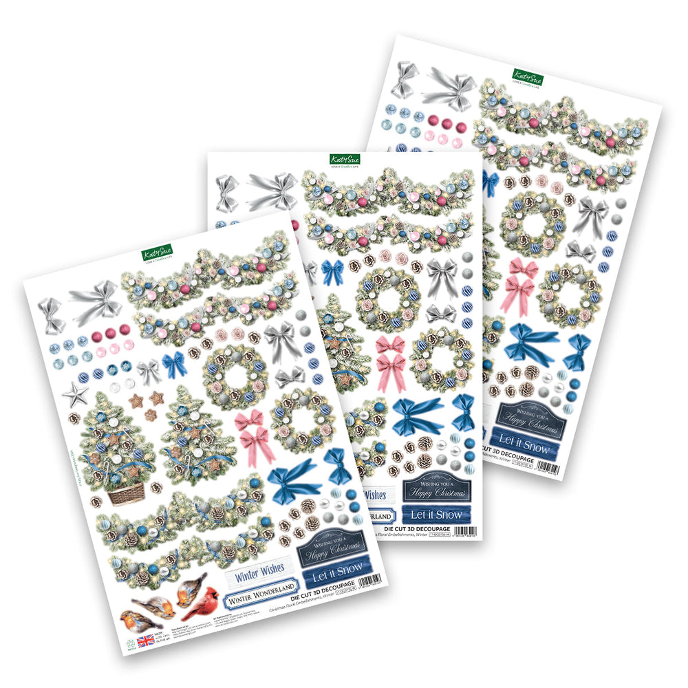 Katy Sue Découpage prédécoupé – Embellissements floraux de Noël, Hiver (lot de 3)