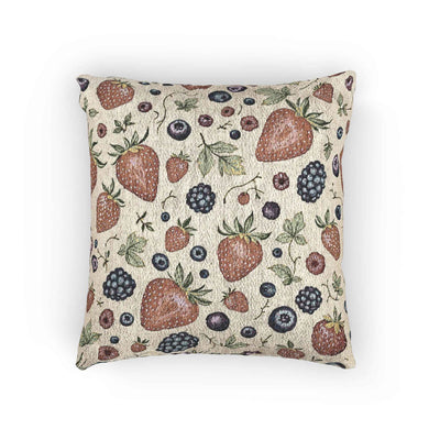 Coussin décoratif tissé à motif fraise et bleuet | Oreiller botanique aux fruits