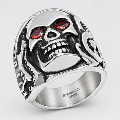 Bague Crâne en Acier Inoxydable pour Homme avec Yeux Rouges