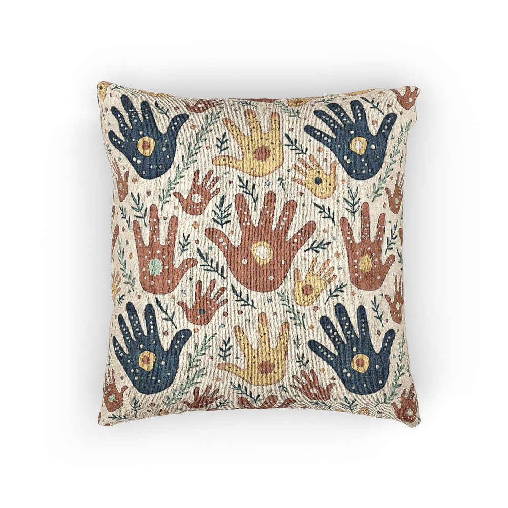 Woven Pillow — Boho Handprint Pattern Decorative Throw Pillow (Earth Tones)