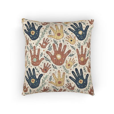 Woven Pillow — Boho Handprint Pattern Decorative Throw Pillow (Earth Tones)