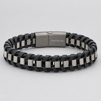 Men's Matte Black Braided Leather & Stainless Steel Box Link Biker Bracelet