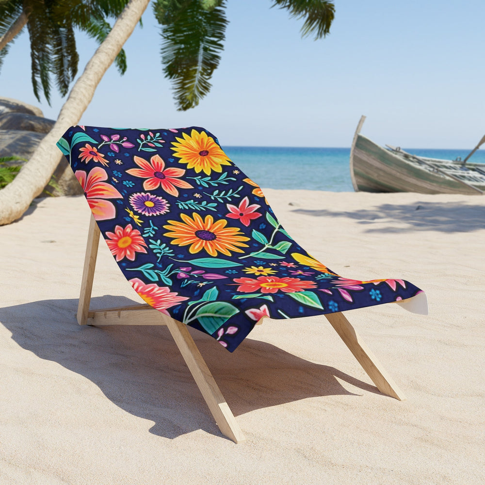 Floral Fiesta Beach Towel – Colorful Summer Flowers on Navy