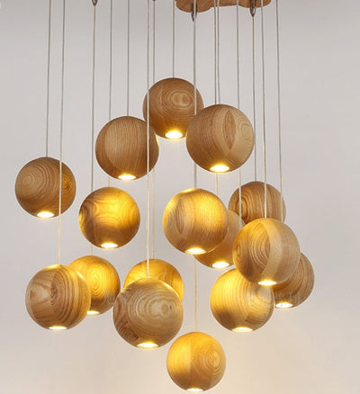 Lustre boule en bois nordique – Suspension de plafond style scandinave en bois, 1/3/4 têtes pour salon et salle à manger (110V)