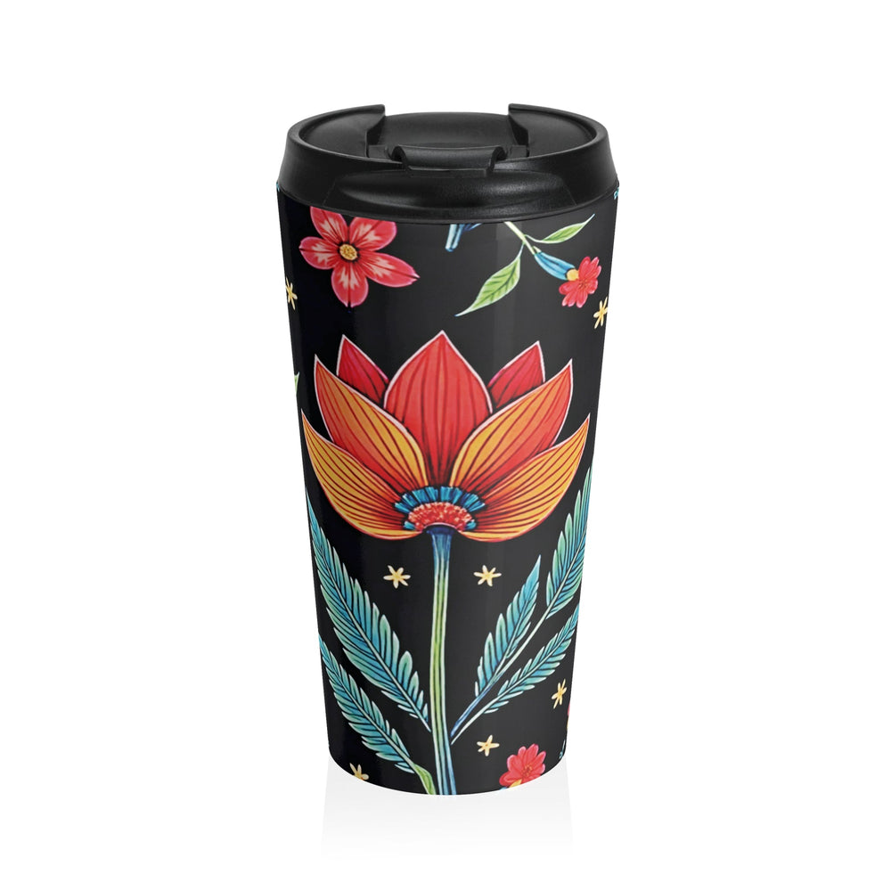 Tasse de voyage en acier inoxydable à motif floral folklorique | Fleurs colorées