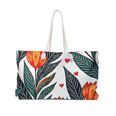 Red Tulip Floral Weekender Bag | Botanical Leaves & Heart Accents | Large Tote Bag for Moms & Travel