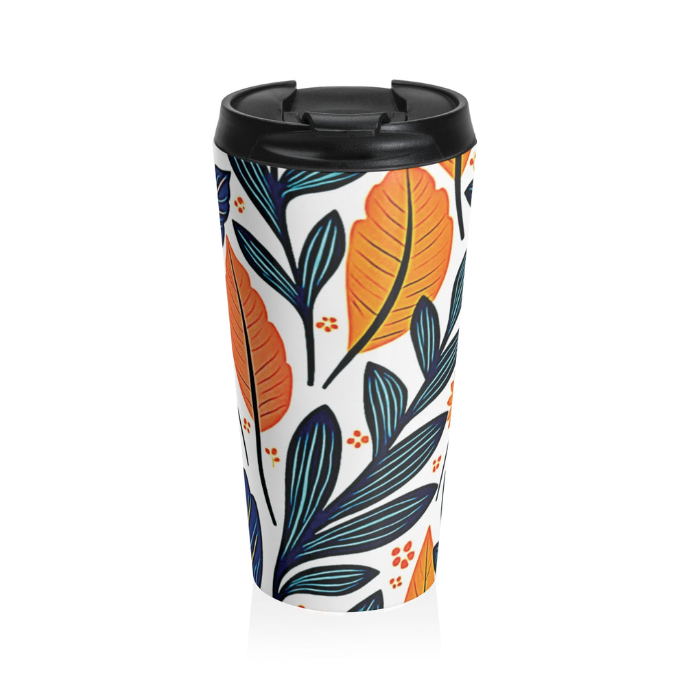 Tasse de voyage florale à feuillage automnal | Motif de feuilles orange et bleues