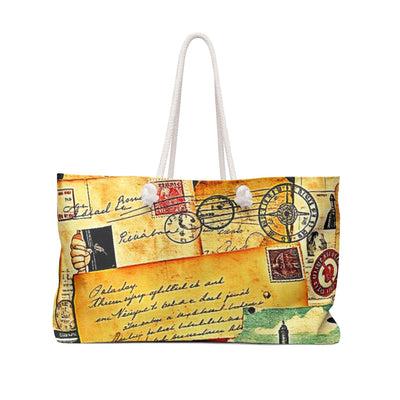 Vintage Travel Postcards Weekender Bag | Retro Stamp Collage, Large Tote Bag