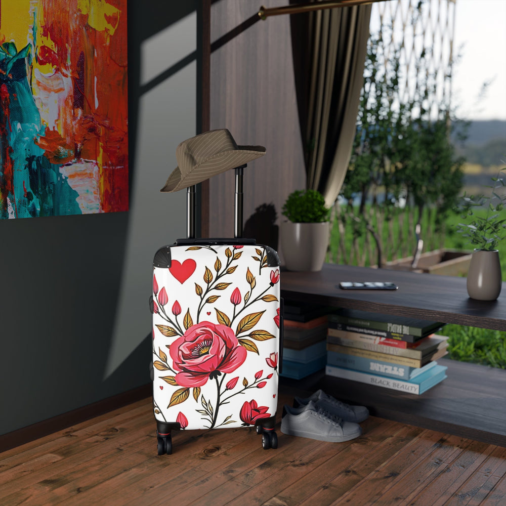 Floral Heart Carry-On Suitcase — Pink Rose Pattern Travel Luggage