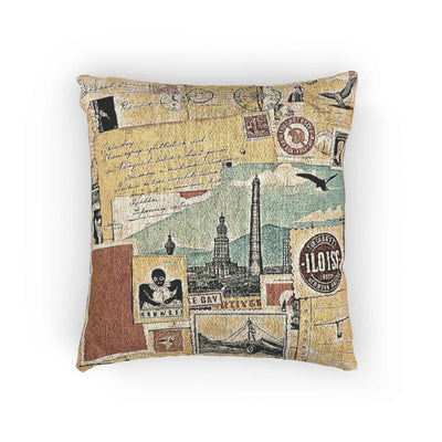 Vintage Travel Collage Woven Pillow | Cityscape Postcard Tapestry