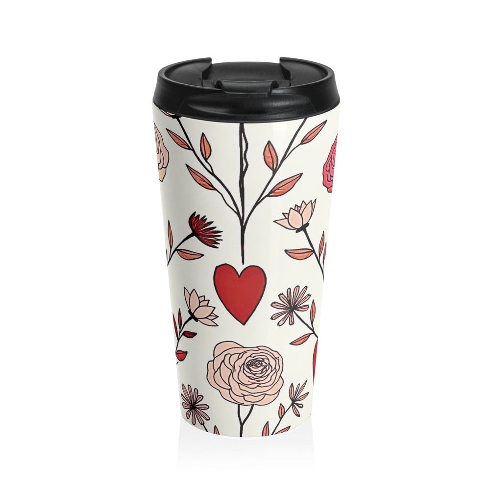 Tasse de voyage en acier inoxydable à motif floral cœur rouge dessiné à la main | Motif Saint-Valentin