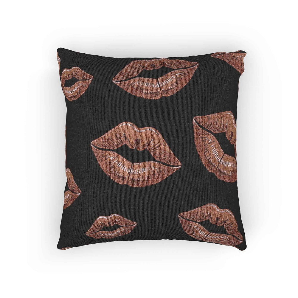 Rose Gold Lip Print Woven Pillow | Black Background, Decorative Throw Pillow