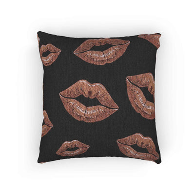 Coussin décoratif tissé à motif de lèvres or rose | Fond noir