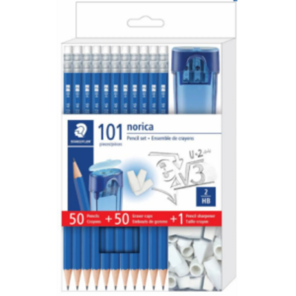 Norica Pencil Set, Premium HB #2 graphite pencils, 50 Norica pencils, 50 Eraser caps, 1 Double-hole Tub Sharpener