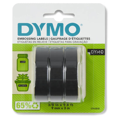 DYMO Self-Adhesive Embossing Labels, White on Black Tape, 3/8" x 9.8-Foot Rolls, 3-Pack (1741670)