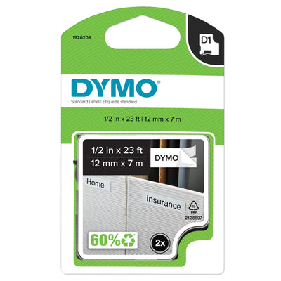 DYMO Authentic D1 Labels for LabelManager, 1/2" x 23-Foot Roll, Black on White, 2 Pack (1926208)