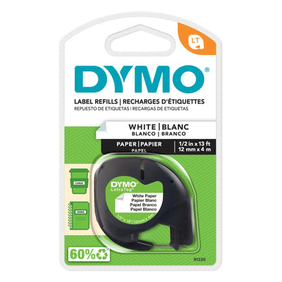 DYMO LetraTag Label Paper, Black Print on White, 1/2-Inch x 13-Foot Roll (91330)