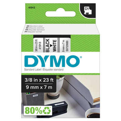 DYMO D1 Standard Labeling Tape Black on White 3/8" W x 23' L 1 Cartridge (41913)