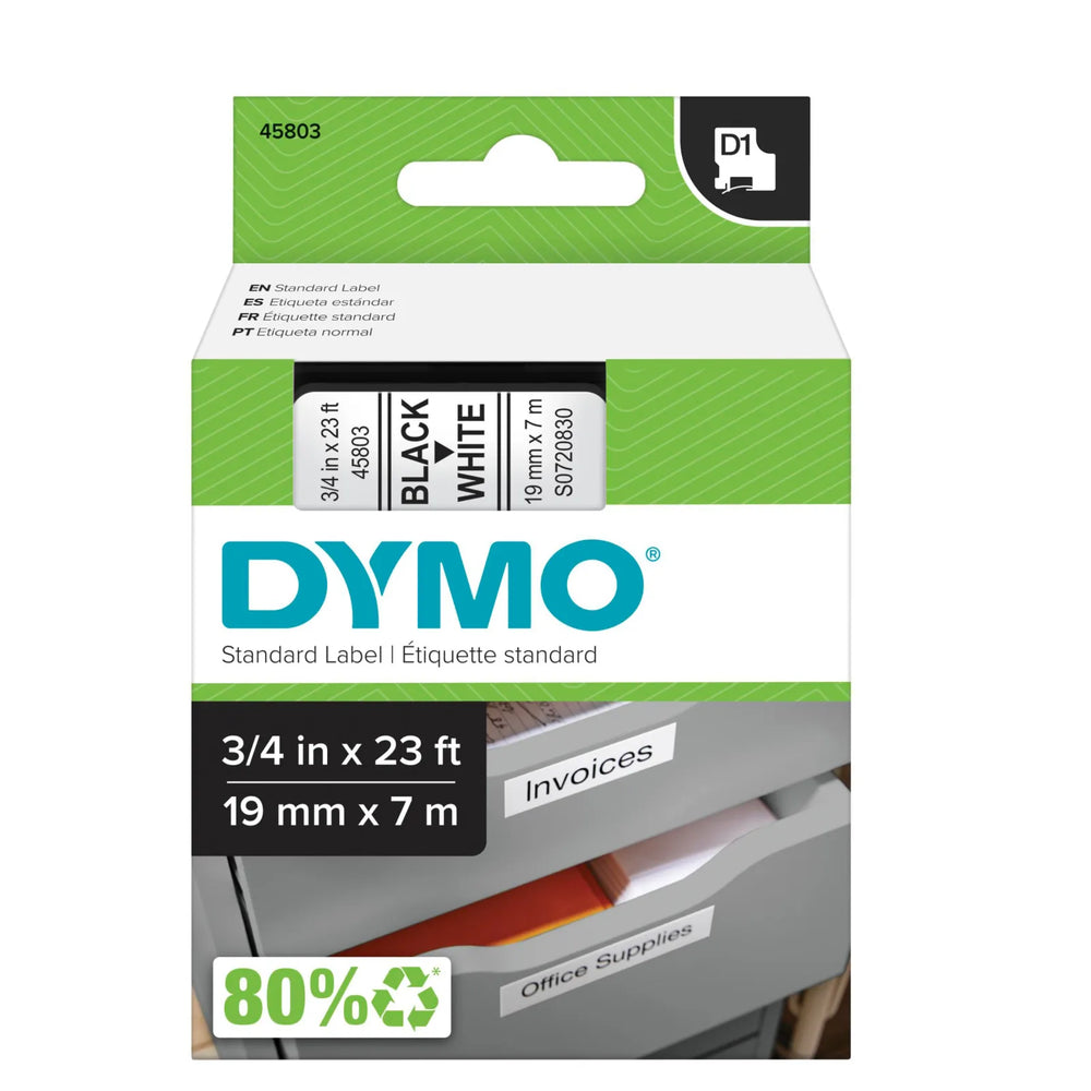 DYMO Authentic Standard D1 Labeling Tape for LabelManager Label Makers, Black print on White tape, 3/4'' W x 23' L, 1 ca