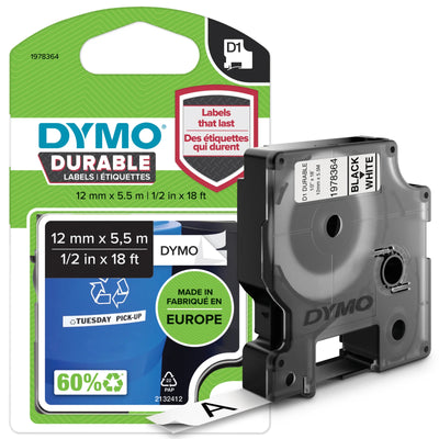 DYMO D1 Durable Labeling Tape Black on White, 1/2" W x 18' L, 1 Cartridge (1978364)