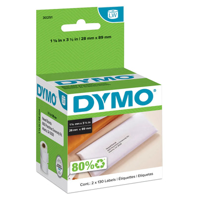DYMO Authentic LW White Mailing Address Labels 1-1/8" x 3-1/2", 2 Rolls of 130 (260 Total) (30251)