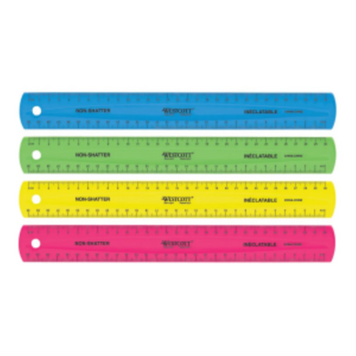 Westcott Brand 30cm Coloured Non-Shatter Ruler Assorted Colours (14381)