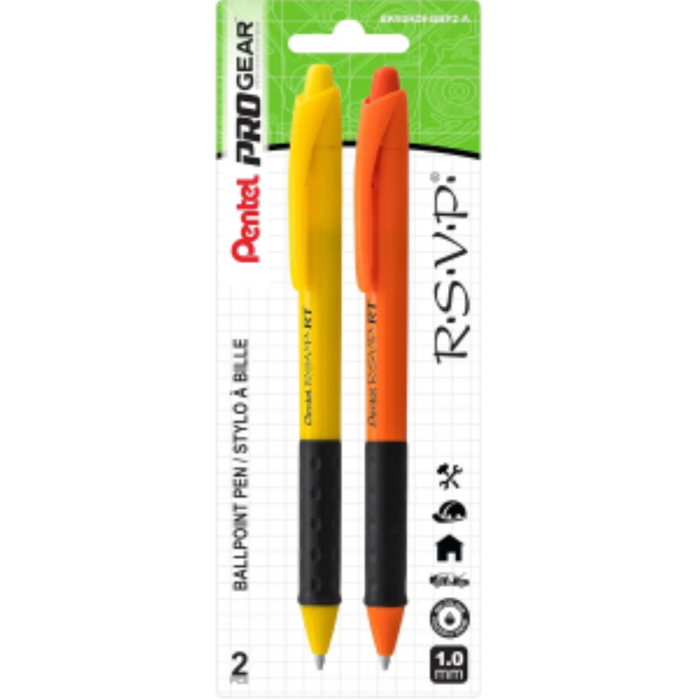 R.S.V.P. Safety Colour Barrel Ballpoint Pen Retractable, Black Ink, 2PC Pack