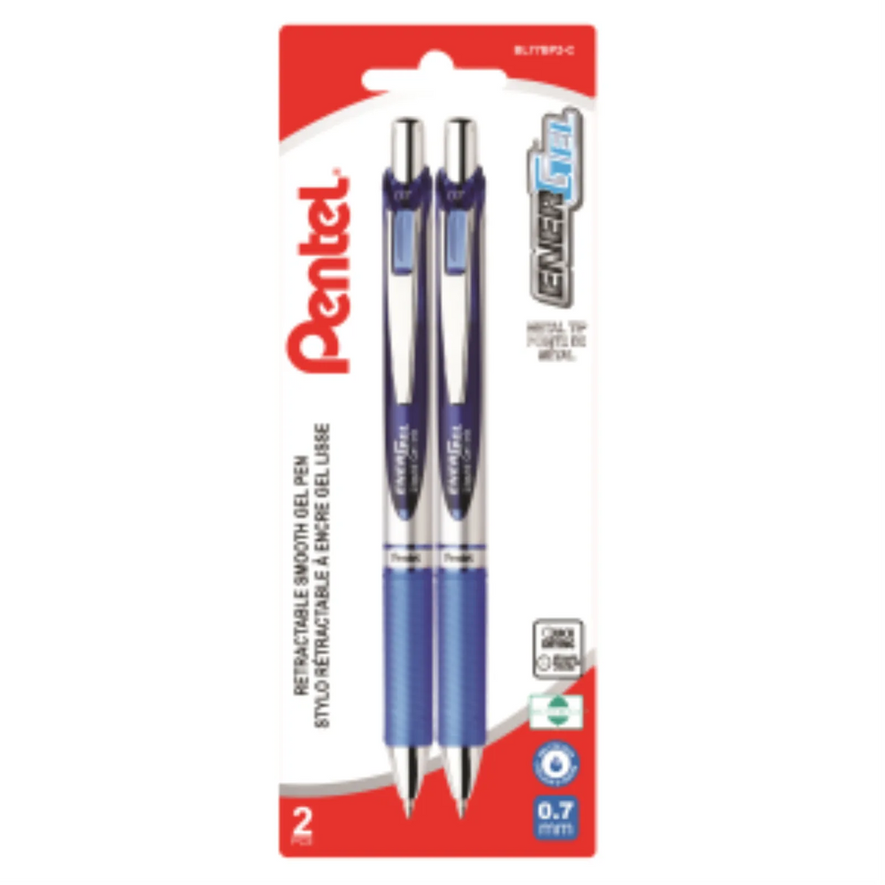 EnerGel Retractable Gel Roller, (0.7mm) Metal Tip, Blue Ink, 2PC Pack
