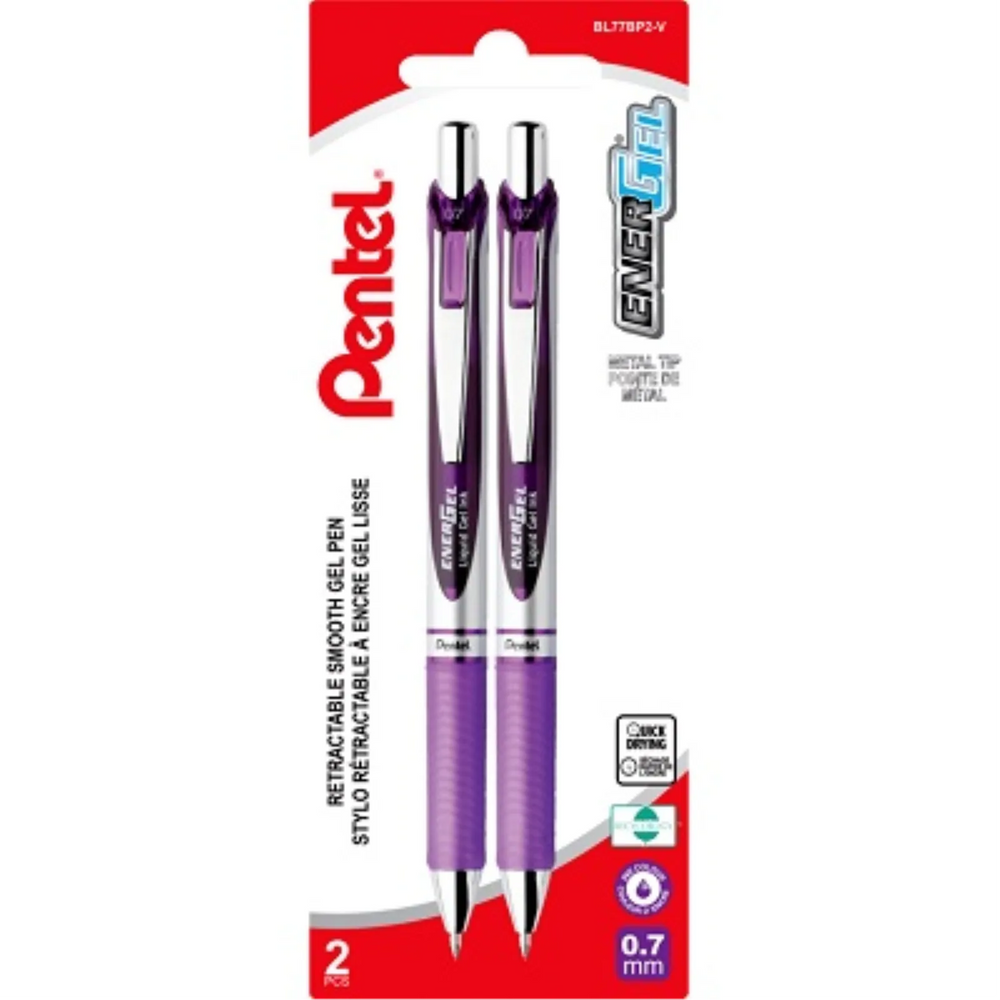 EnerGel Retractable Gel Roller, (0.7mm) Metal Tip, Violet Ink, 2PC Pack