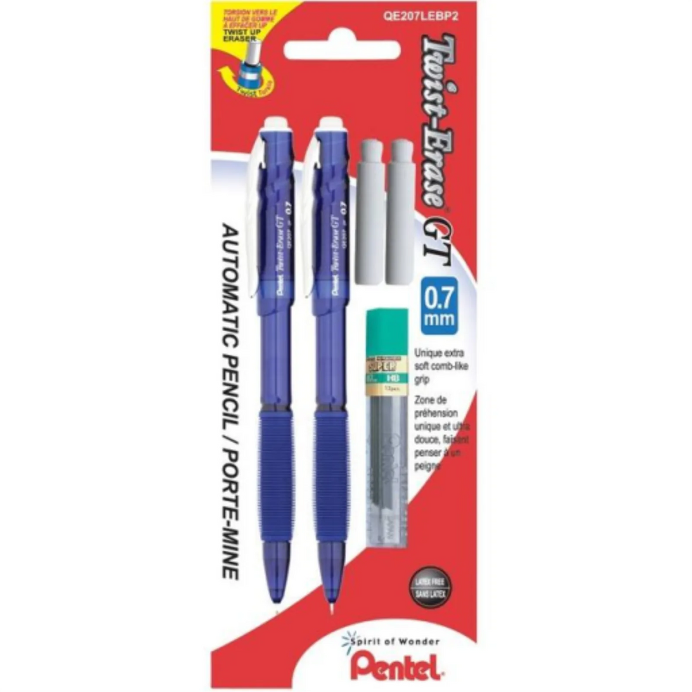 Twist-Erase GT Retractable Mechanical Pencils, (0.7mm) Assorted Colours, 2PC Pack with Leads and Refill Eraser