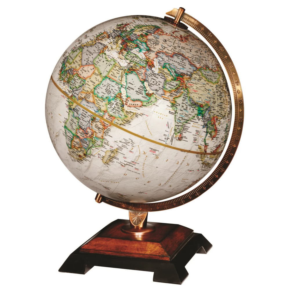 National Geographic Bingham 12"/30Cm Diameter Antique Parchment Ocean Desk Globe With Woodt Base And Die-Cast Semi- Meri
