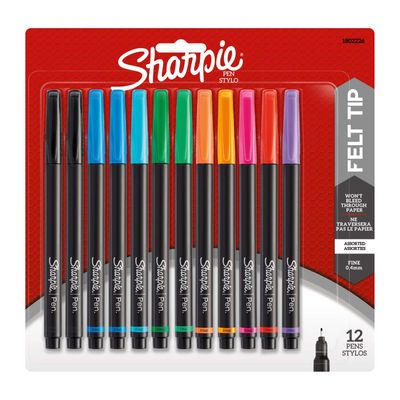 Sharpie Pens Felt Tip Fine Point 0.4 mm Assorted Colours 12 Count (1802226)
