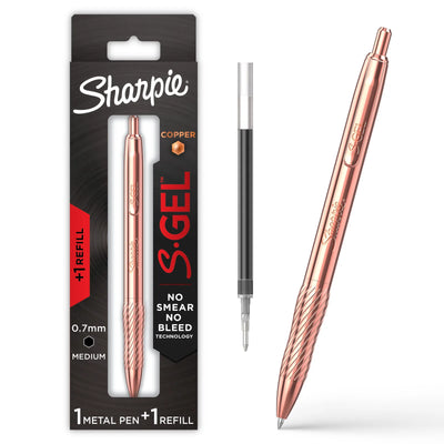 Sharpie S-Gel, Stylo Gel, Corps en Métal Cuivré, Pointe Moyenne (0,7 mm), Encre Noire, Comprend 1 Stylo et 1 Recharge d'Encre Supplémentaire