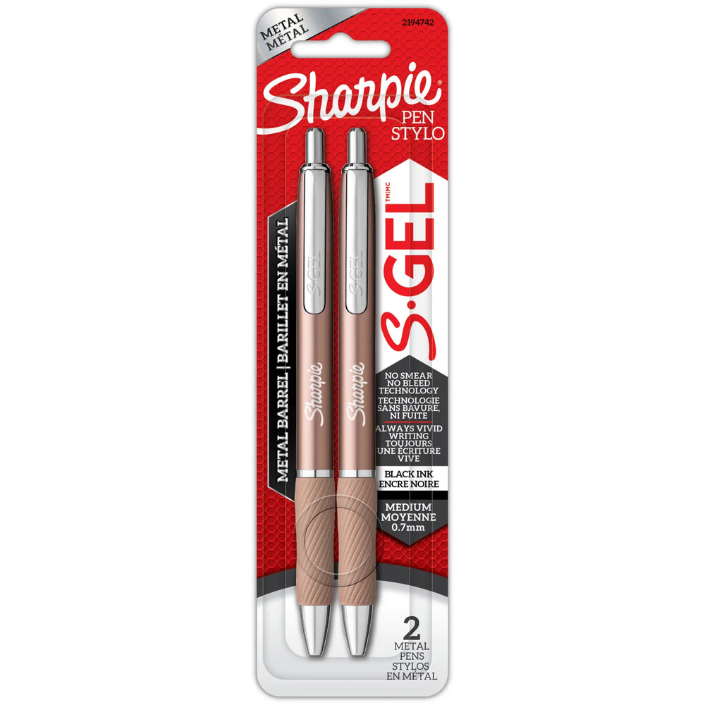 Sharpie S-Gel, Gel Pens, Sleek Metal Barrel, Champagne Body, Medium Point (0.7 mm), Black Ink, 2 Count